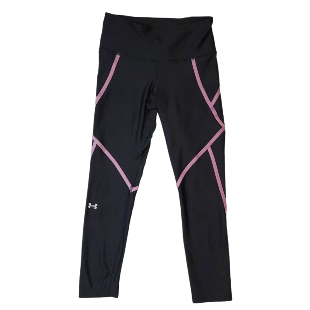 Under Armour Compression Heat Gear Leggings Black Pink Stripe Size Small